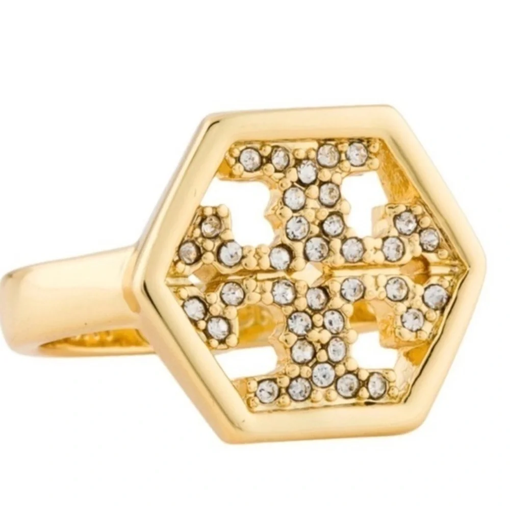 Tory Burch Hexagon Logo Pave Crystal Ring 7 new